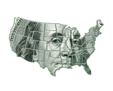 U.S. map with a $100 dollar bill printed on it