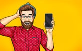 Hipster with cellphone graphic