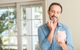 Curious man holding a piggy bank
