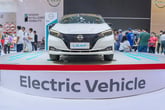 Nissan Leaf car displayed at the Gaikindo Indonesia International Auto Show 2022