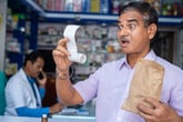 Older man at the pharmacy shocked by prescription price