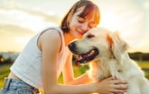 Smiling woman hugging golden retriever pet dog at sunset outdoors