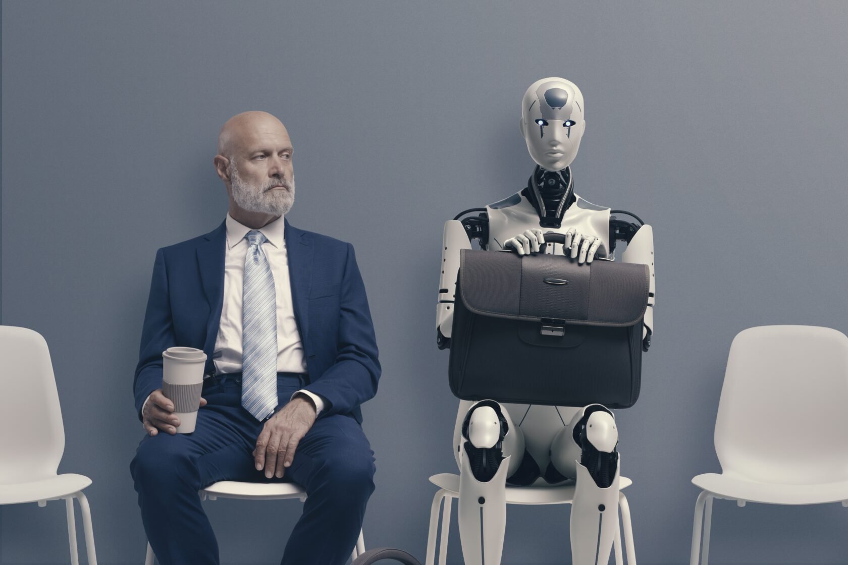 Job interviewers including senior worker and AI robot