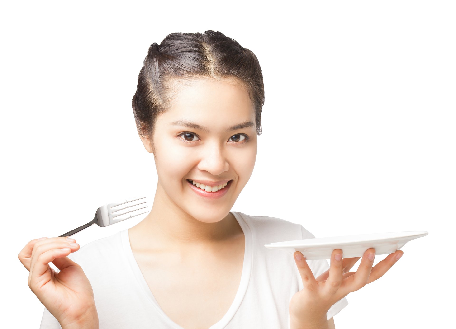 Young woman holding dish and fork
