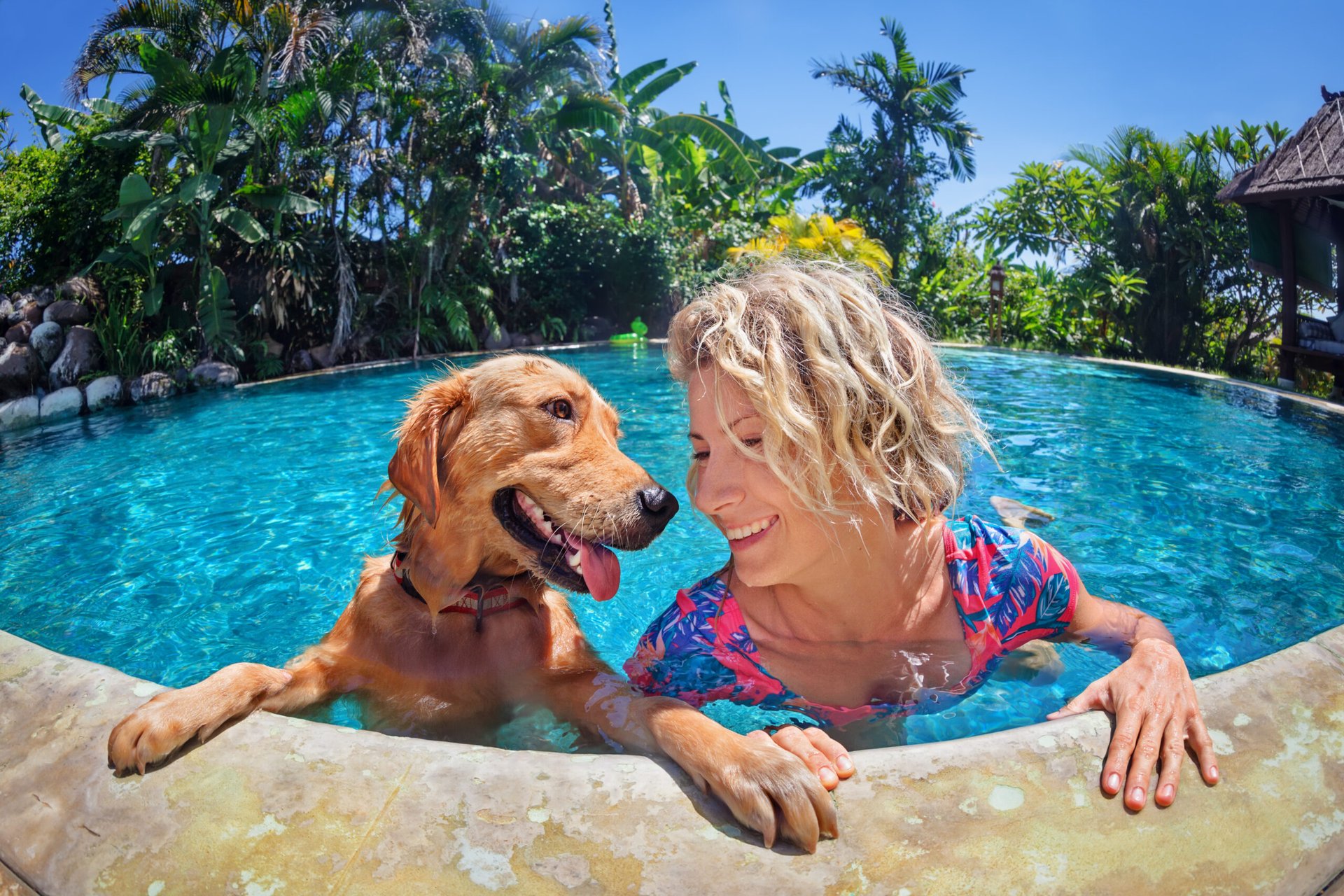 Woman with a dog in a pool
