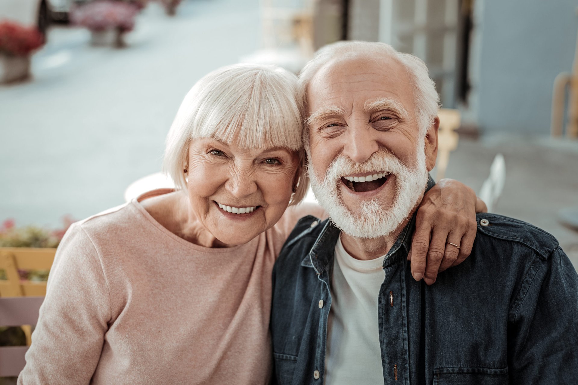 Seniors couple man woman having fun happy