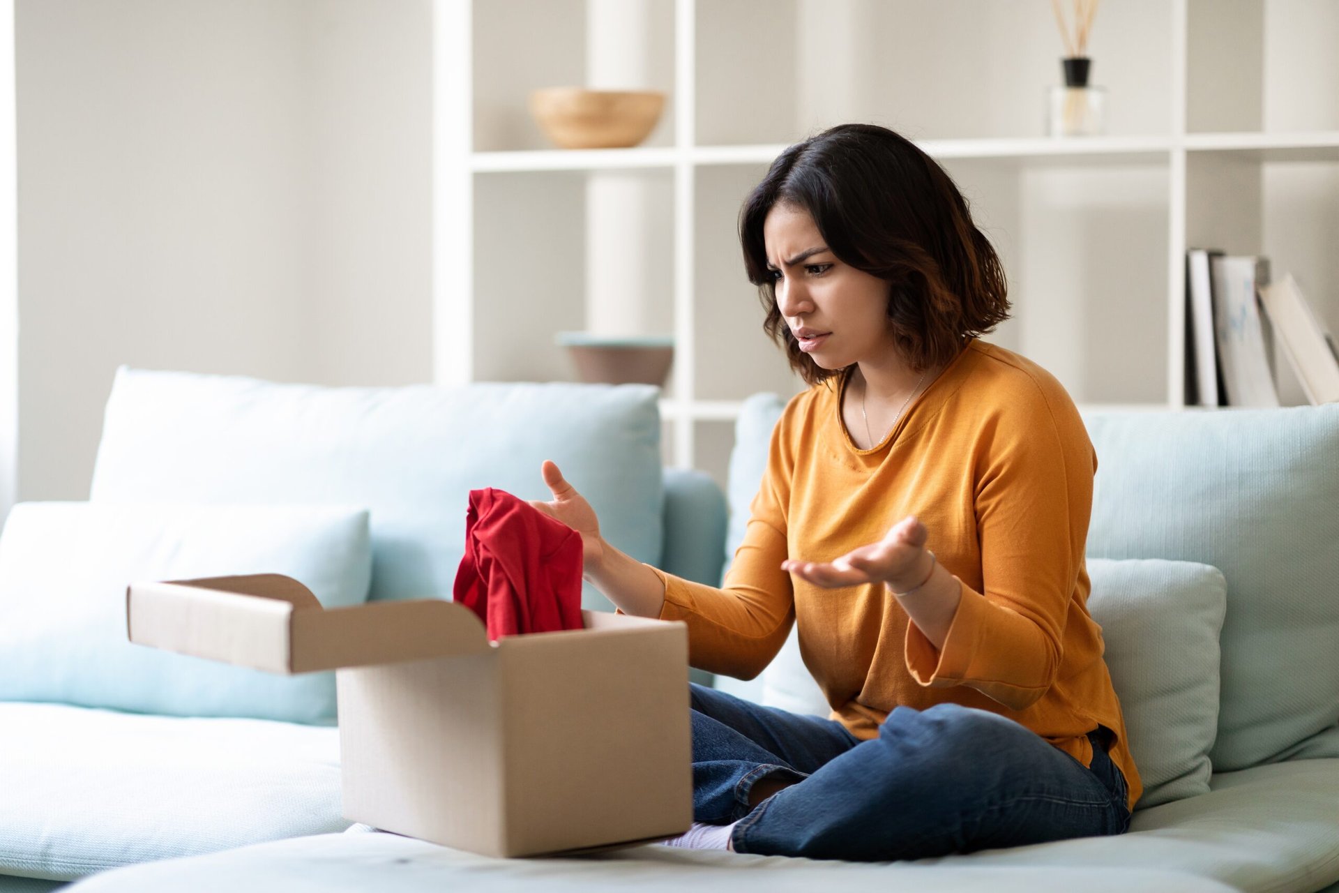 Angry, frustrated woman upset or confused by a package delivery with the wrong contents or a disappointing online order from internet shopping gone wrong