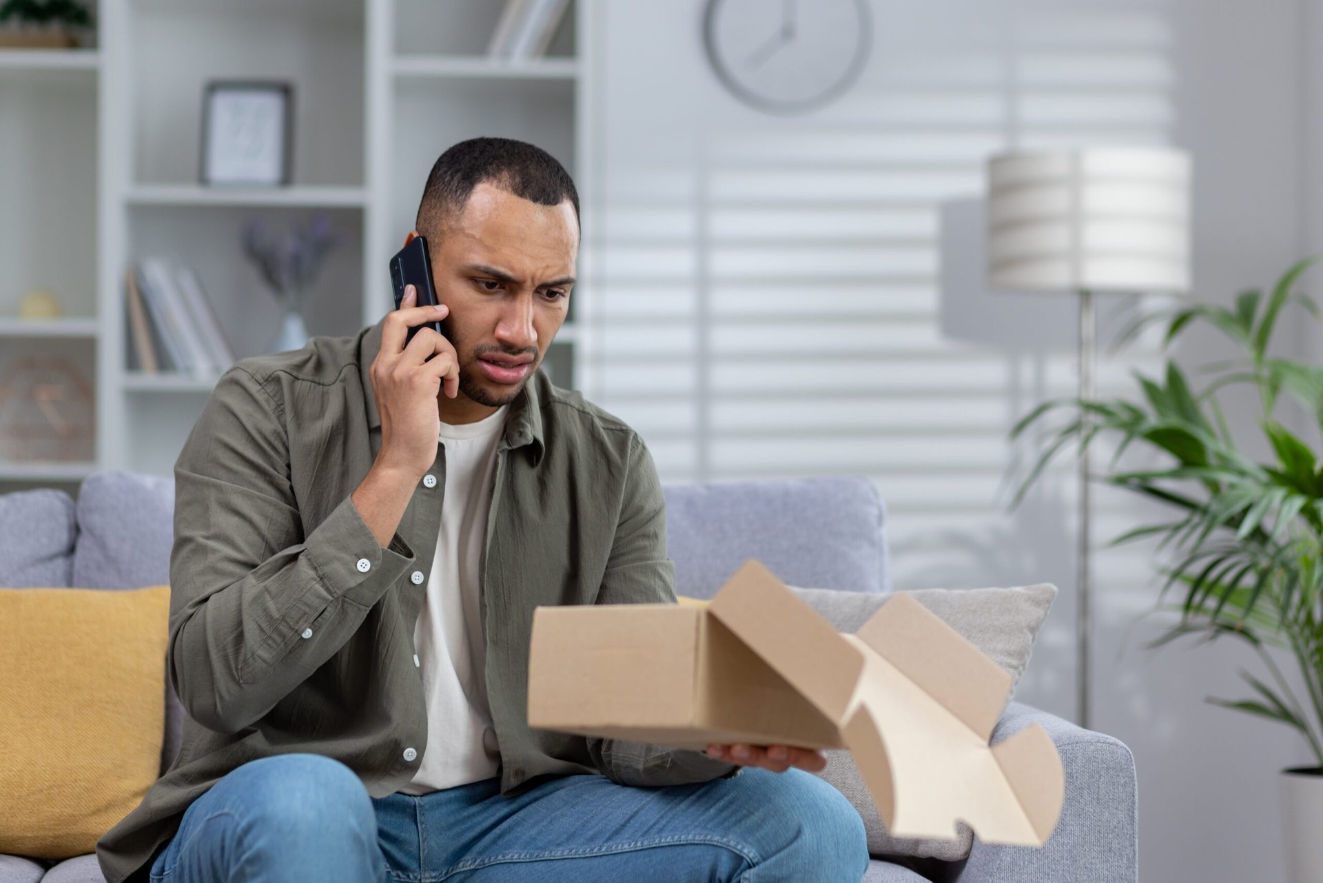 Man frustrated with online purchase looking disappointed and on the phone with customer service