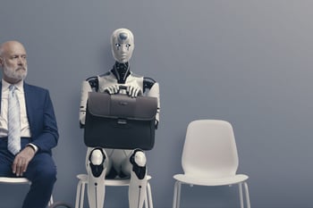 Job interviewers including senior worker and AI robot
