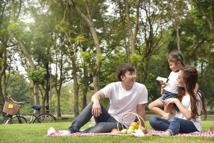A family picnicks in a park