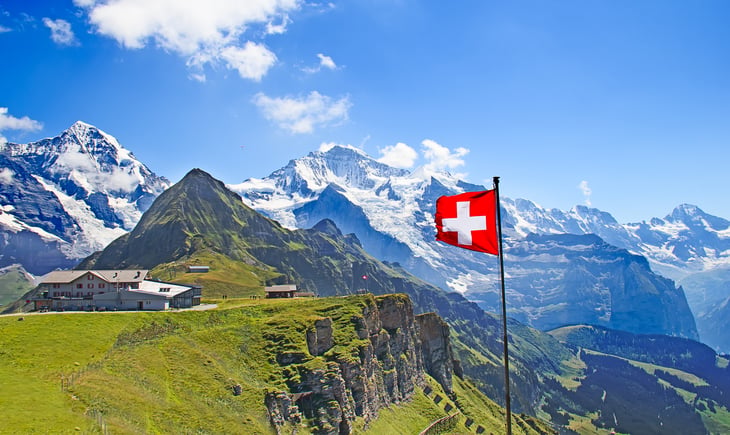 Swiss flag on the top of Mannlichen (Jungfrau region near Bern, Switzerland).