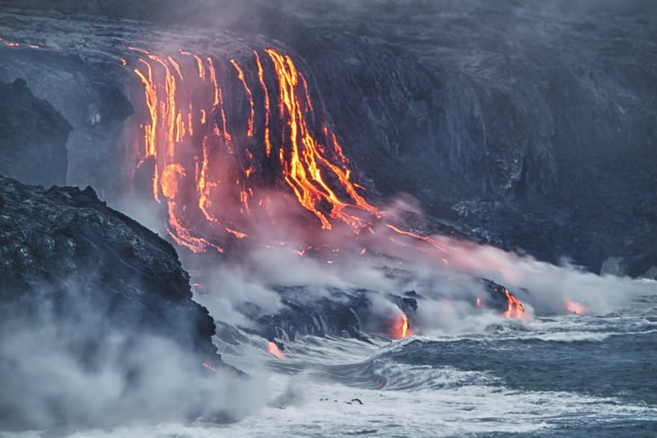 Lava erupting into the Pacific Ocean on Hawaii's Big Island.