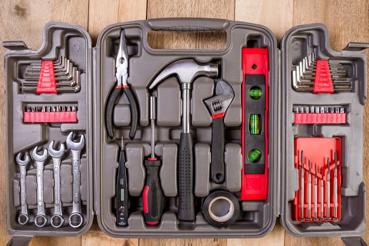 Tool box with hammer, pliers, level, screwdriver and more