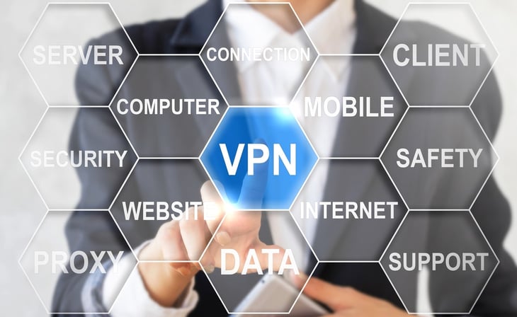 Man in suit pressing virtual VPN button