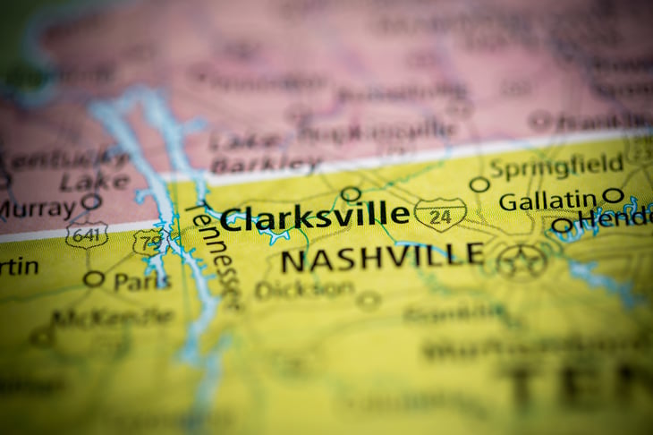 Close up of a map of Clarksville and Nashville.
