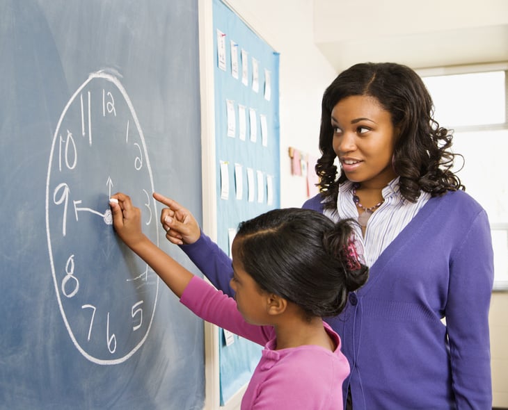 Teacher teaching a student how to tell time at a classroom chalkboard