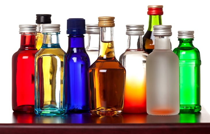 An array of minibar bottles.