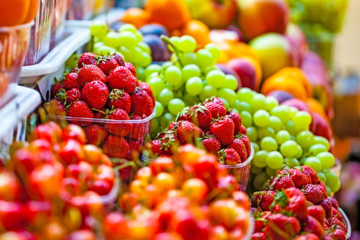 Closeup of fresh produce at market.