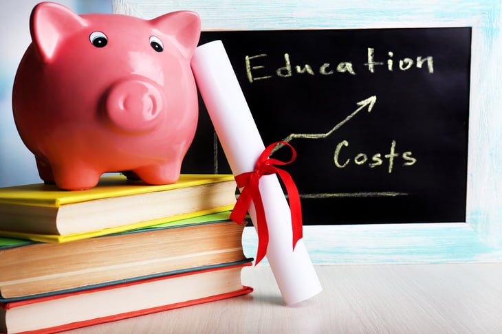 Piggy bank with diploma and blackboard.