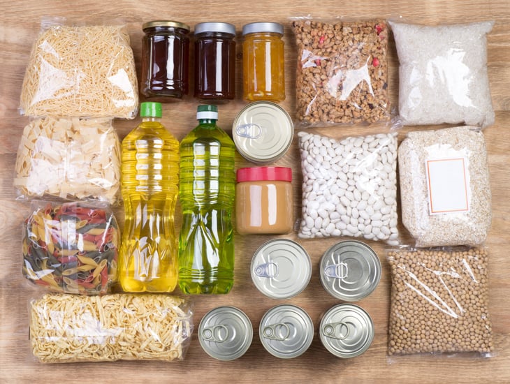 A stockpile of nonperishable food for surviving an emergency