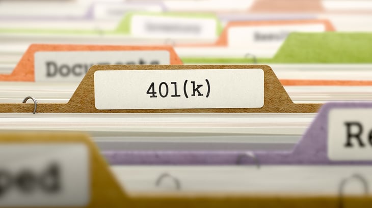 Close up of a filing cabinet with 401K file
