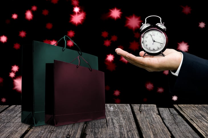 Clock in holiday scene.