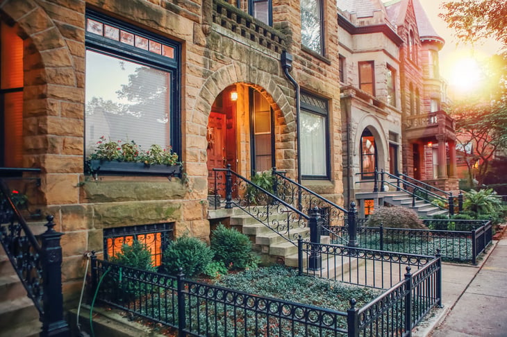 Chicago row houses at sunset