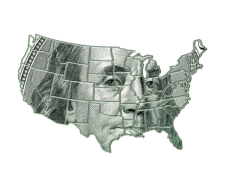 US map with Ben Franklin printed on it.
