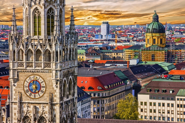 Munich in the evening, aerial view.