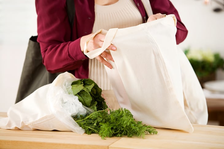 Reusable tote bags filled with groceries