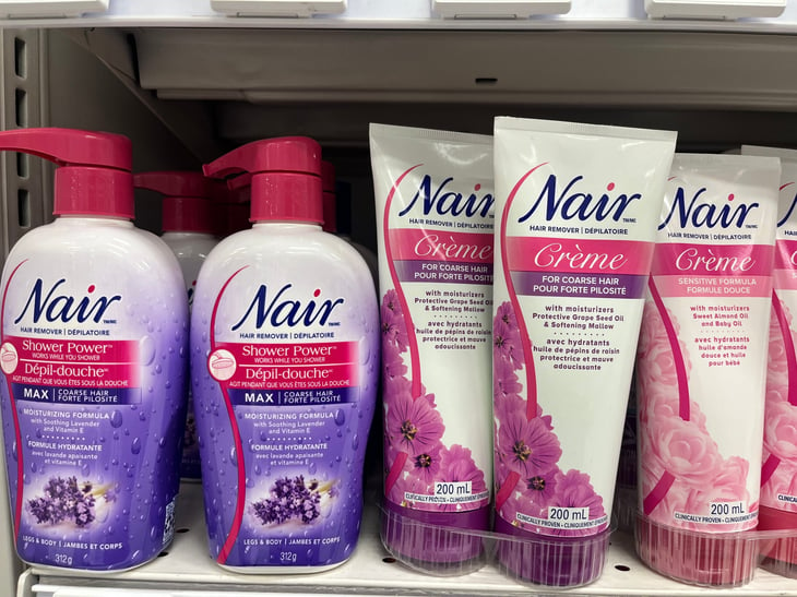Nair hair removal cream on the shelf at the grocery store