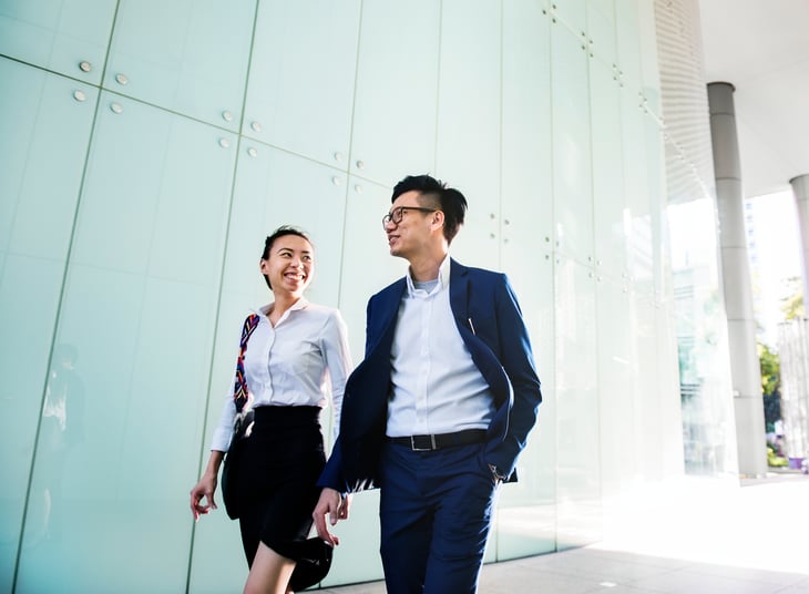 Asian American man woman business walking work