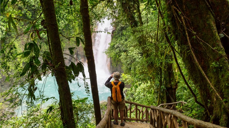 Man looking through binoculars in rain forest.