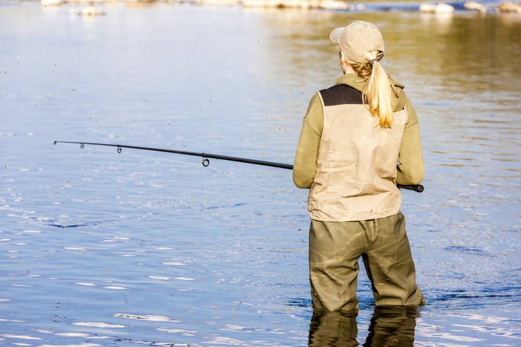 Woman fishing in a river