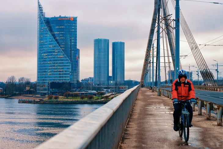 Riga, Latvia bicycle rider sunset evening