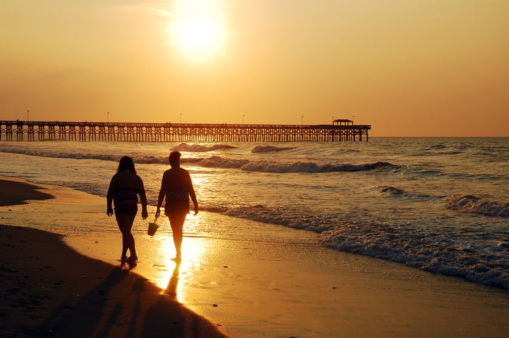 Couple strolling on Myrtle Beach at sunset