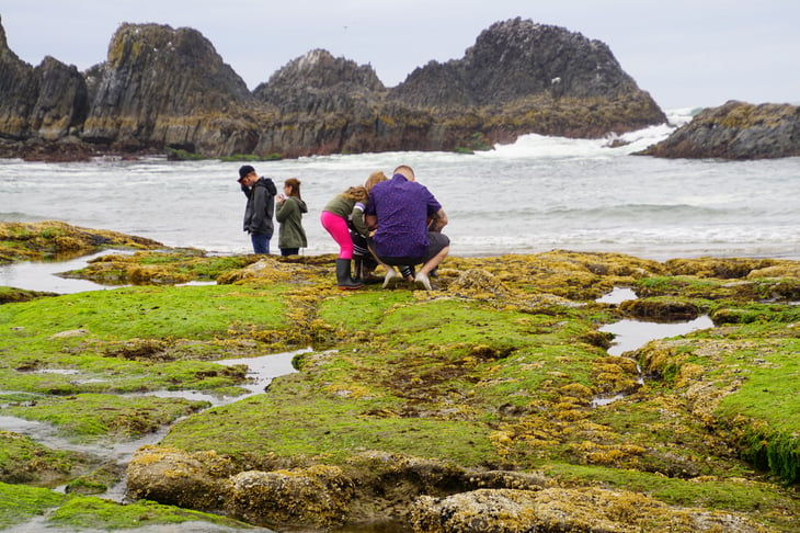 Young family Seal Rock beach ocean, Newport, Oregon