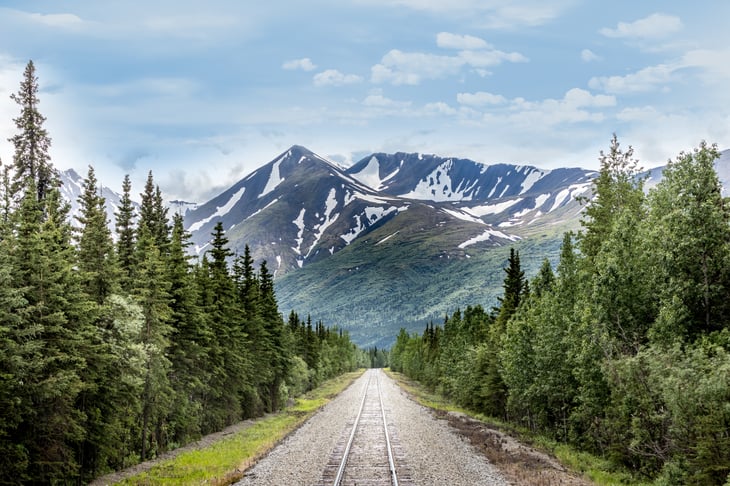 Mountain range and railroad track in Denali National Park, Alaska