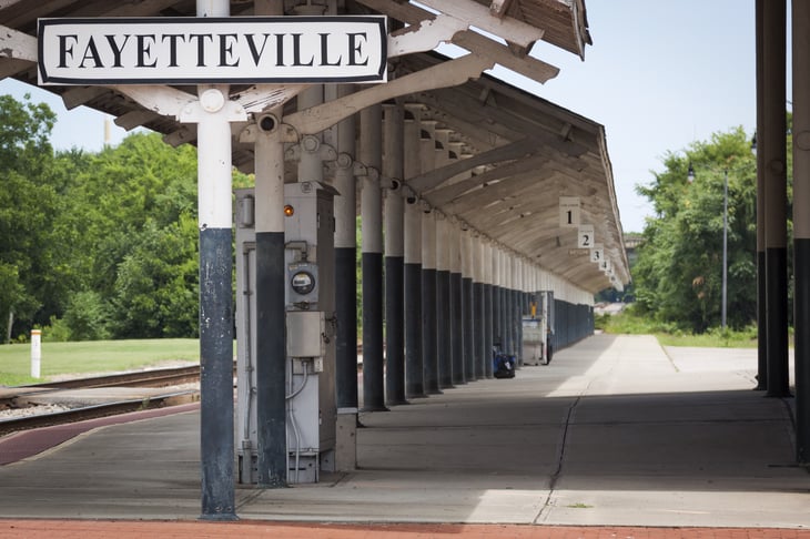 historic Fayetteville train station built 1911 on Hay St. has only one platform and two tracks, with service provided by Amtrak.