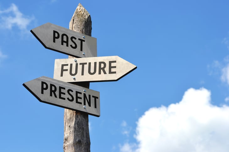 "Past, future, present" wooden signpost