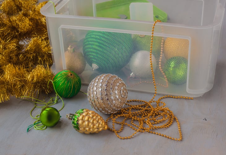 Christmas decorations in a storage container