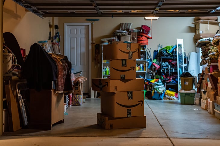 Amazon boxes in a garage