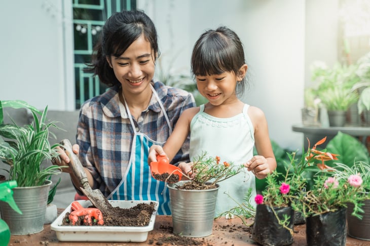 Mother and daughter gardening