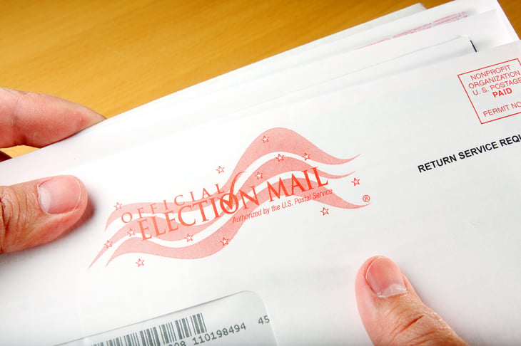 A close-up picture of a mail-in ballot for an election