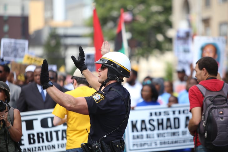 police officer at a protest in Newark, New Jersey