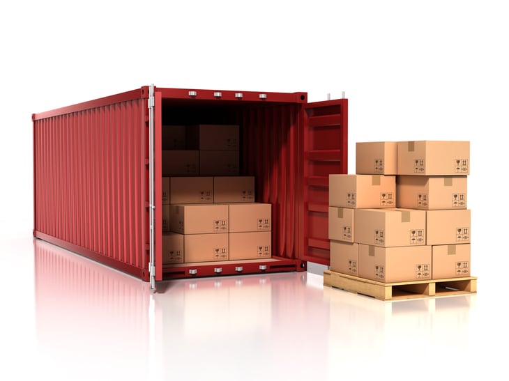 A shipping container full of moving boxes