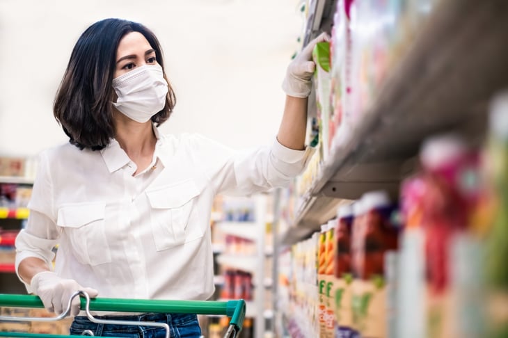 Woman shopping for groceries in a mask and gloves