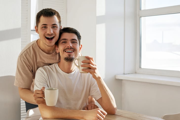 Happy gay couple at home