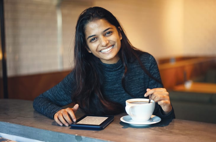 Woman with e-reader and coffee
