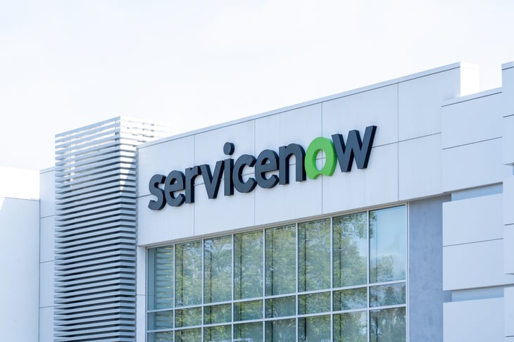 ServiceNow sign on the building at its headquarters in Santa Clara, California, USA.